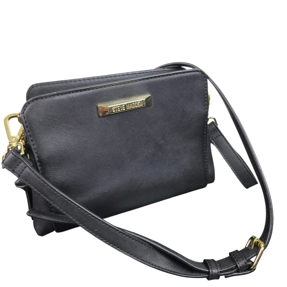 Steve Madden Crossbody Bag Women Small Black Good Triple Zip Saffiano Purse
